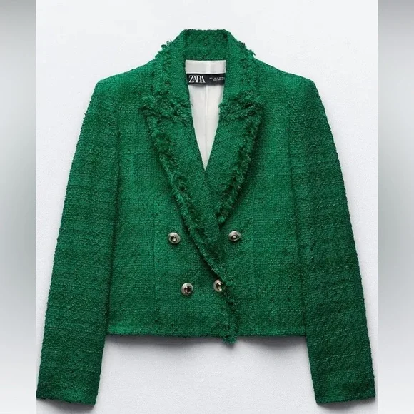 🆕(NWT) ZARA Bloggers Fav Green Tweed Double Breasted Cropped Blazer. Size XS - Picture 2 of 16